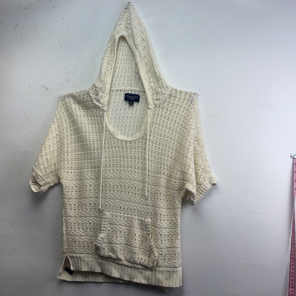 American Eagle Womens Hooded Sweater Size L Tie-Front Short Sleeve Pockets